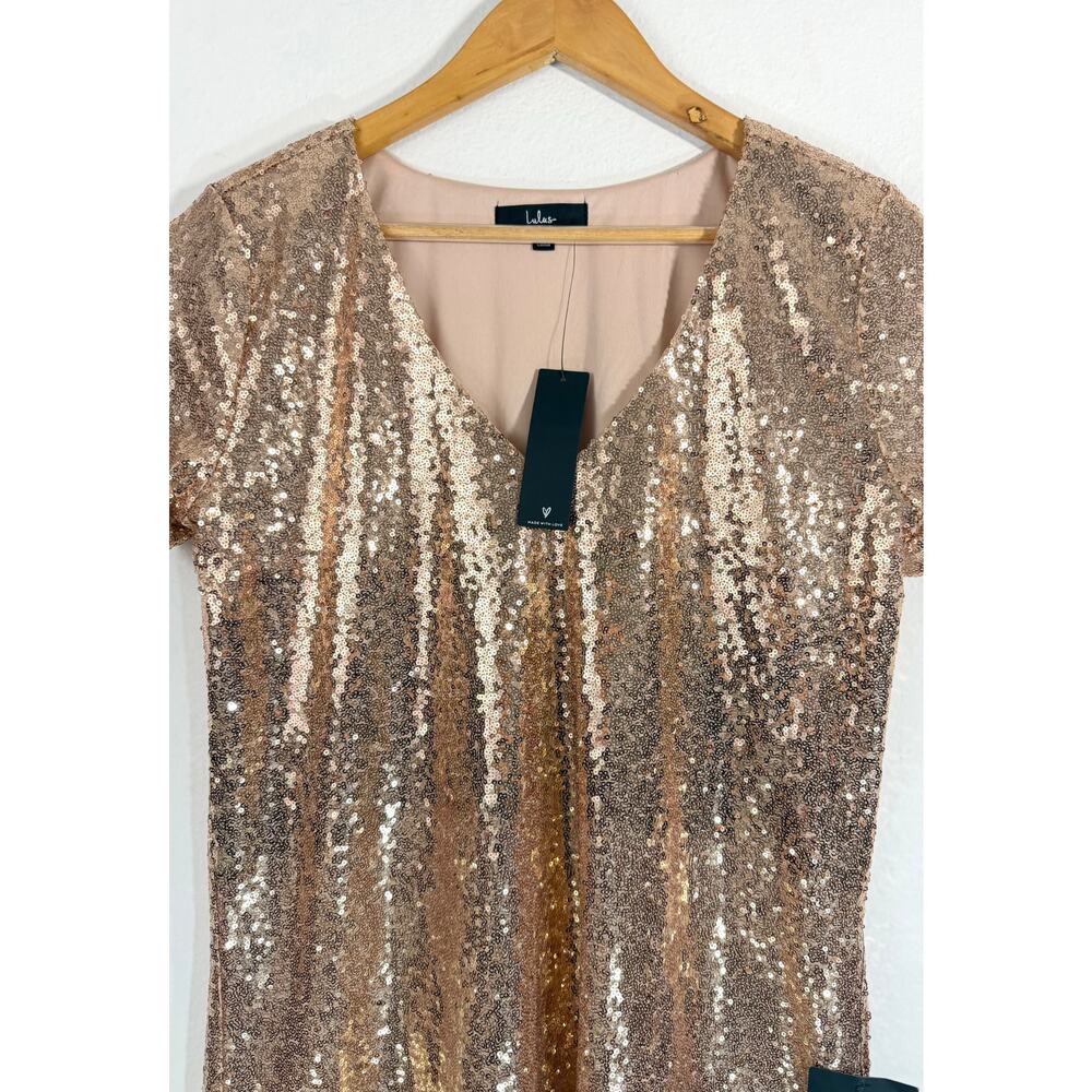 NWT Lulus Light Up the Night Champagne Sequin Mini Shift Dress Size Large - Picture 7 of 11